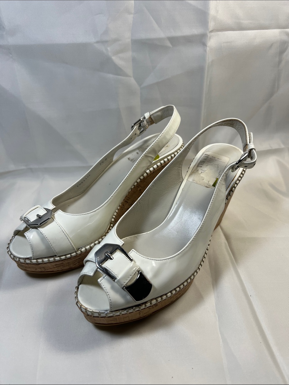 Stuart Weitzman White Peep-Toe Slingback Wedge Sandals